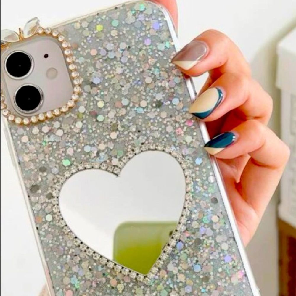 I-Phone 12 Pro Max Rhinestone decor heart mirror glitter case.  $$$